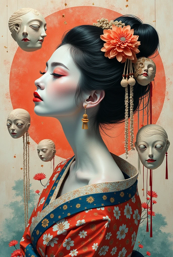Expressionist artwork images of multiple floating ceramic heads, 3d collage style, make it weird and gallery worthy, ((japanese woman)), portrait, absurdres,highres,ultra detailed,ultra-detailed background,detailed background,extremly detailed,1girl,bunch of flowers,(zentangle:1.2),(geometric:1.2) multi-colored color palette, monochromatic, big , cleavage, sideboob, lingerie, realistic depiction, arms behind back, kaleidoscopic, multidimensional, ethereal glow, captivating uniqueness, surreal juxtapositions, visual symphony, unforgettable visual narrative, edgy, mathematical, simple-shaped vectors, highly modern, stylistic, polygonal abstraction, vector art, bold lines, minimalist color scheme, digital art, abstract geometry