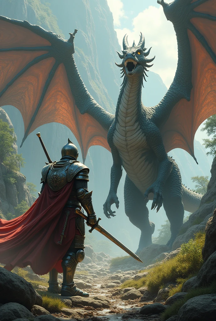 A man with a dragon by his side, of a dinosaur, the man holding a sword and a shield and a knight&#39;s helmet.