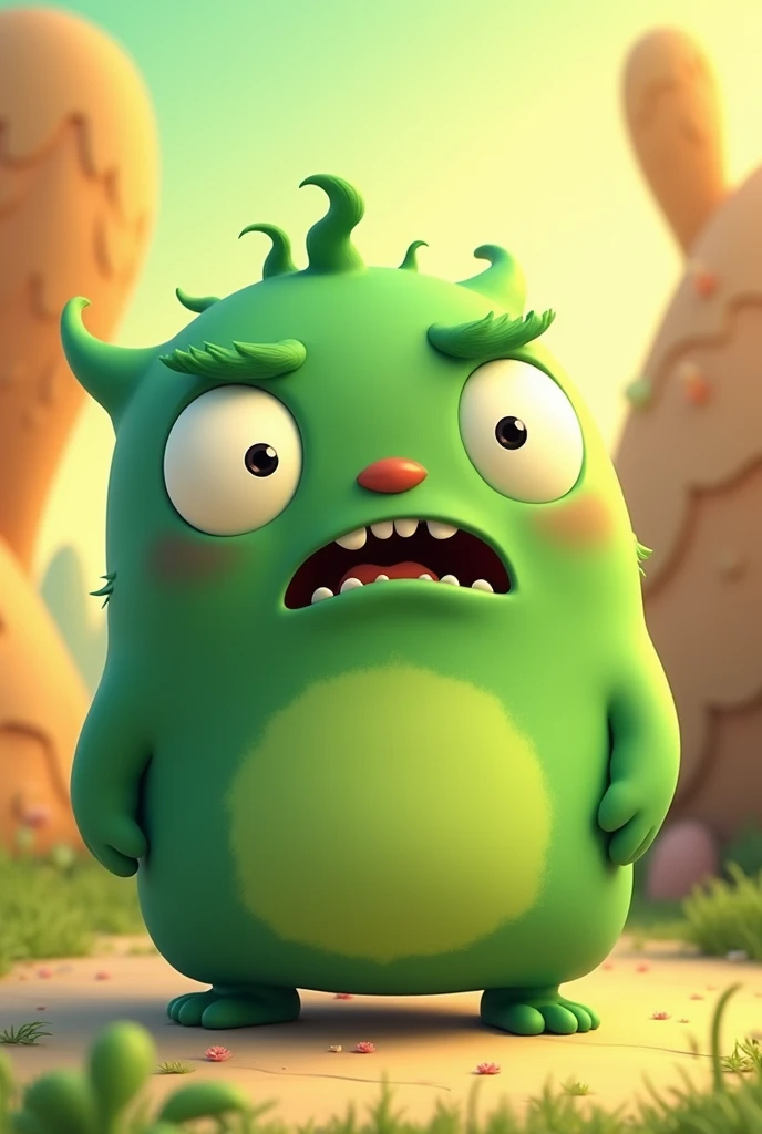 Create a cute animated character that represents the emotion of disgust, whose characteristic color is green