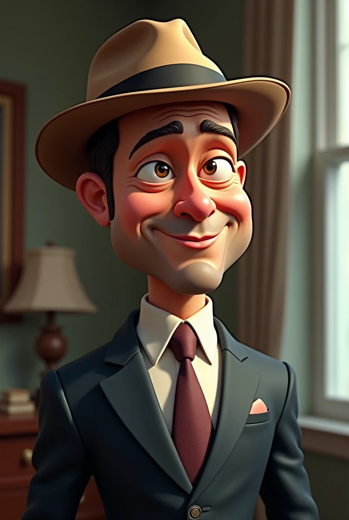 portrait of brad pitt, suite, medium shot, digital model, playful character design style, hard surface modeling, tiago hoisel, with hat, round face, cartoon characters, delicate materials, bright colors