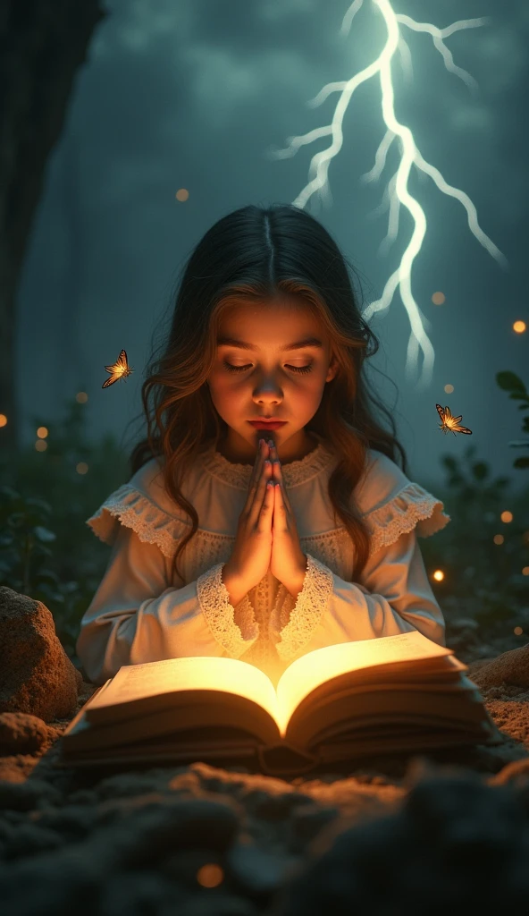 a magical book, 1girl reading book, praying hands, divine light, flying insects, lightning, mysterious, dark, moody, fantasy, highly detailed, intricate, cinematic, dramatic lighting, warm color palette, photorealistic, 8k, best quality, masterpiece advantage detailing