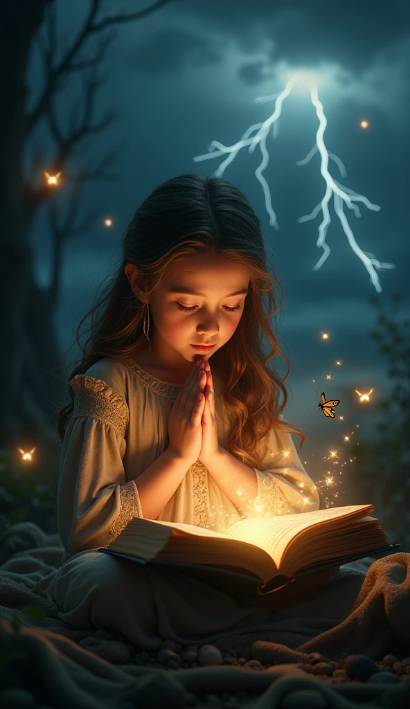 a magical book, 1girl reading book, praying hands, divine light, flying insects, lightning, mysterious, dark, moody, fantasy, highly detailed, intricate, cinematic, dramatic lighting, warm color palette, photorealistic, 8k, best quality, masterpiece advantage detailing