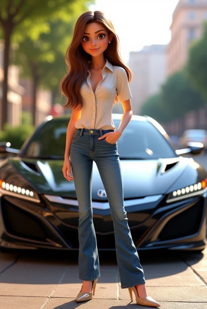 *Jordana Brewster* (the fast and the furious)
"A 3D female character in the Disney-Pixar style, with long brown hair, with a sweet smile, wearing a light blouse and jeans. Ao fundo, a black Acura NSX car parked in an urban area."
- Prompt 2: "A Disney-Pixar inspired 3D character model, depicting a woman with long brown hair, with a kind expression, wearing a light t-shirt and jeans. Behind her, a black Acura NSX car in a lighted garage.