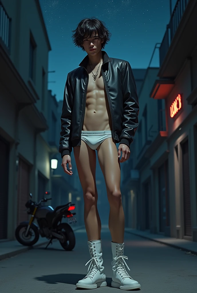 1boy, bulgej8, full body shot, full body angle visible from head to toe, full hd, arms detail, body detail, legs detail, face detail, feets detail, feet on the floor, hands detail, long curly hair, shaggy hair cut, slender body, soft thin face, wearing chrome slip underwear, a silver chrome leather jacket open without a shirt, white boots, on the street at night, motorbike in the background, clear sky, lots of stars, well-lit place, best quality, dramatic lighting, full body, body hairless, dominating, white or white skin, boy soft face, gighly light, highly detailed, looking at the audience, photography, detailed skin, real person, crazy detail, hype maximization, lighting complex detail , Highly detailed, Digital painting, artstation, concept art, smooth, sharp focus, illustration, Unreal Engine 5, art by Ross Tran and Greg Rutkowski and Alphonse Mucha, Show men only .8k Ultra HD, dslr, dim lighting, high quality, film grain, Fujifilm XT3, 2-person, two-person model. hype surrealism, hype surrealism, by Shen Quan, perfect body, beautiful young male model, an attractive man 18-2 aesthetic, Sunshine sports student, asianboy, bulgej8, Noosphere, fantasy dark, light and cold aesthetics,