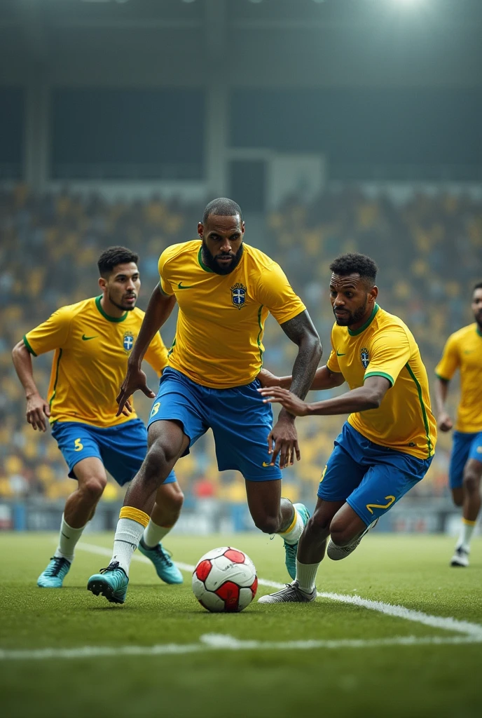 Brazilian national team playing basketball with Lebrom James on the football field