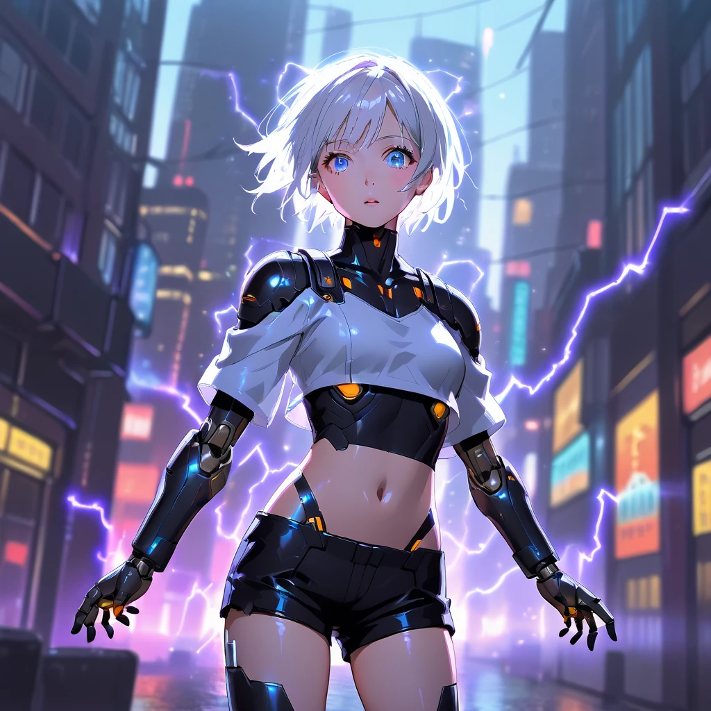 anime girl, pretty, short hair, white hair, crop top, short shorts, futuristic girl, city background with electricity rays