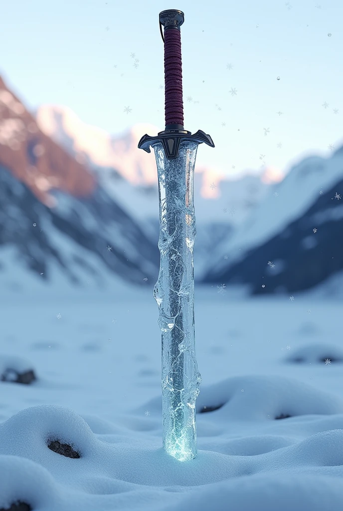 Katana sword with its blade in ice