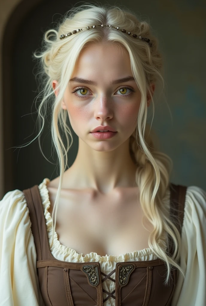 An , with very light blonde hair, very fair skin, with one eye yellow and the other eye light brown, wearing a simple medieval era dress with a corset over it