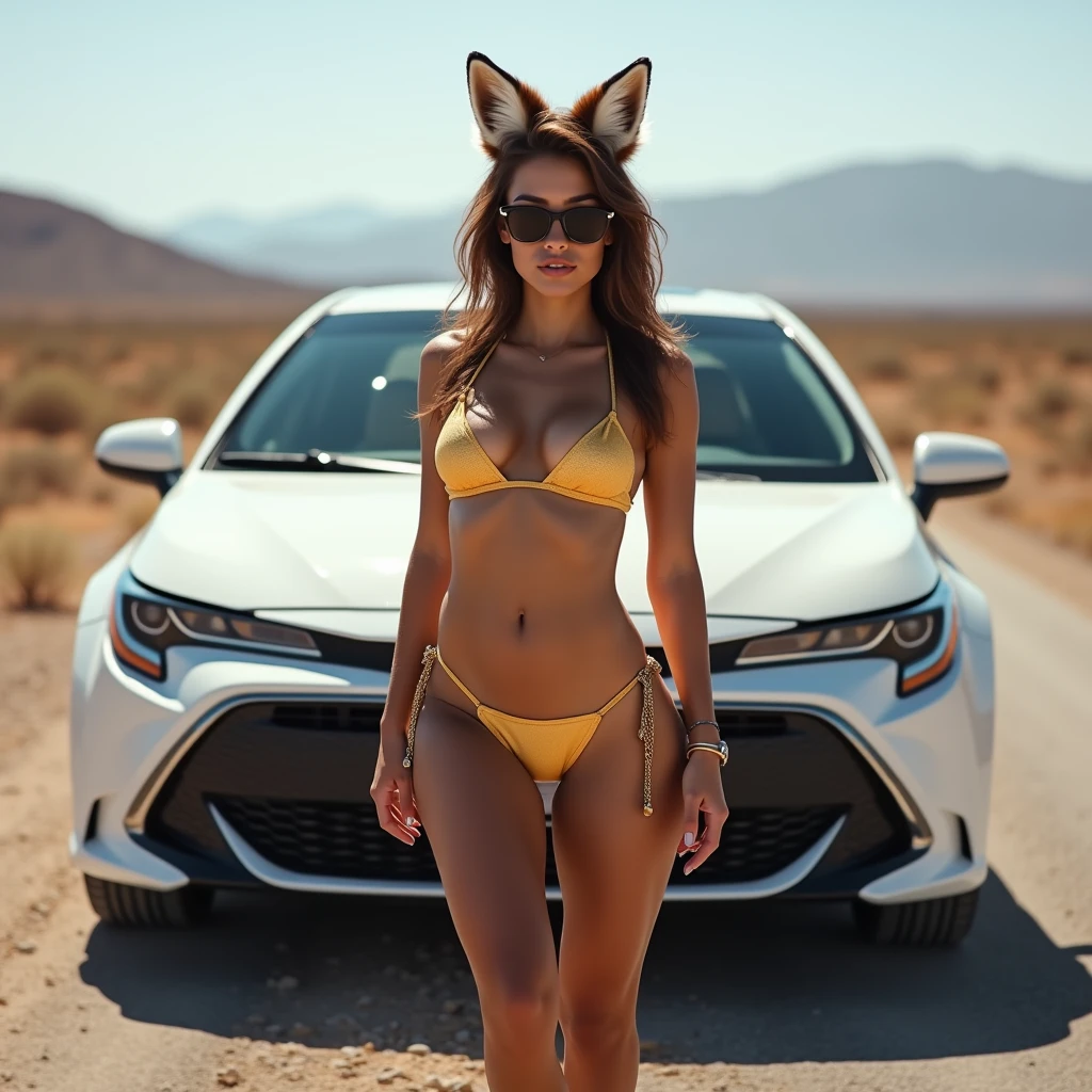 woman, 30 years, athletic body, White skin, Brown hair, huge breasts, huge buttocks, athletic legs, open legs, dark sunglasses, golden bikini, tennis Nike, fox ears, posing in front of a white 2016 toyota corolla car, in the middle of a deserted road, Photo taken with Canon EOS 5DS, hp (mejor calidad,4k,8K,alta resolución,obra maestra:1.2),ultra detallado,(Realista,photoRealista,photo-Realista:1.37)