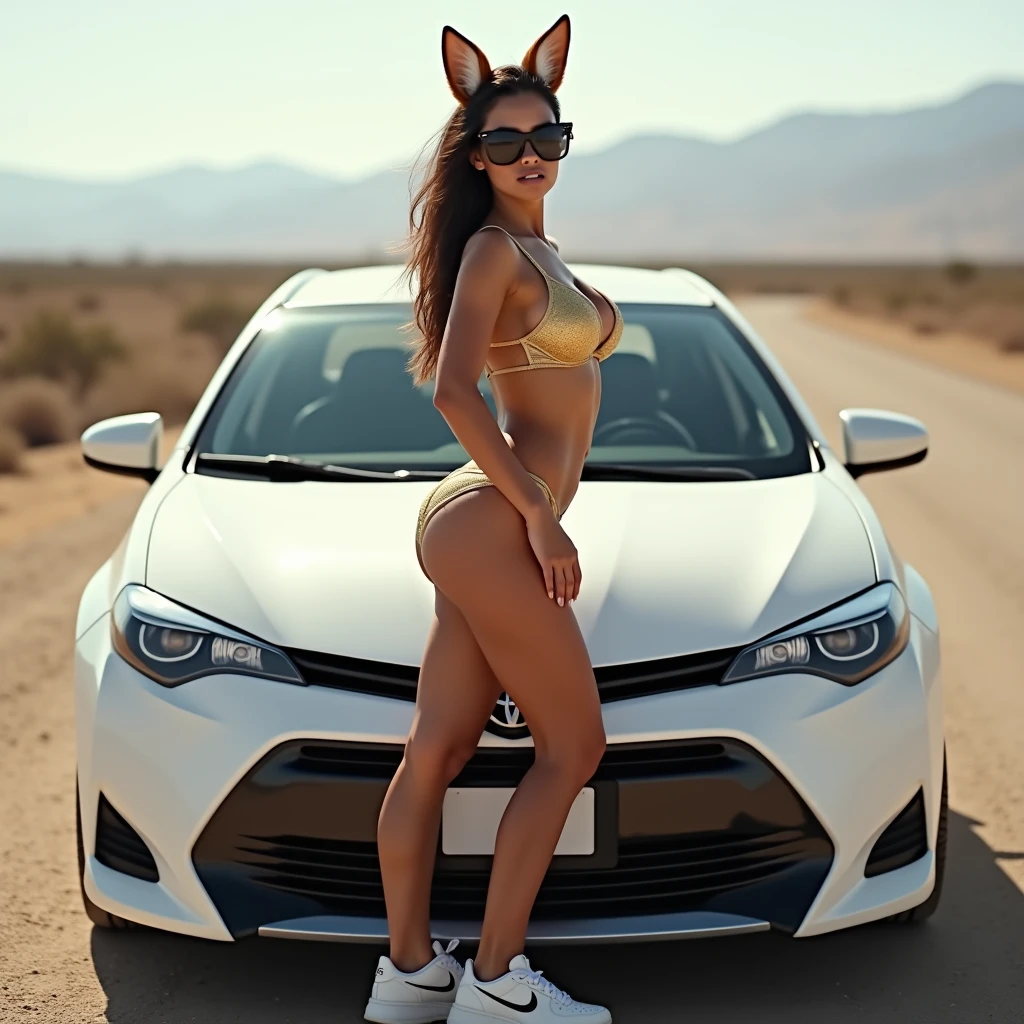 woman, 30 years, athletic body, White skin, Brown hair, huge breasts, huge buttocks, athletic legs, open legs, dark sunglasses, golden bikini, tennis Nike, fox ears, posing in front of a white 2016 toyota corolla car, in the middle of a deserted road, Photo taken with Canon EOS 5DS, hp (mejor calidad,4k,8K,alta resolución,obra maestra:1.2),ultra detallado,(Realista,photoRealista,photo-Realista:1.37)