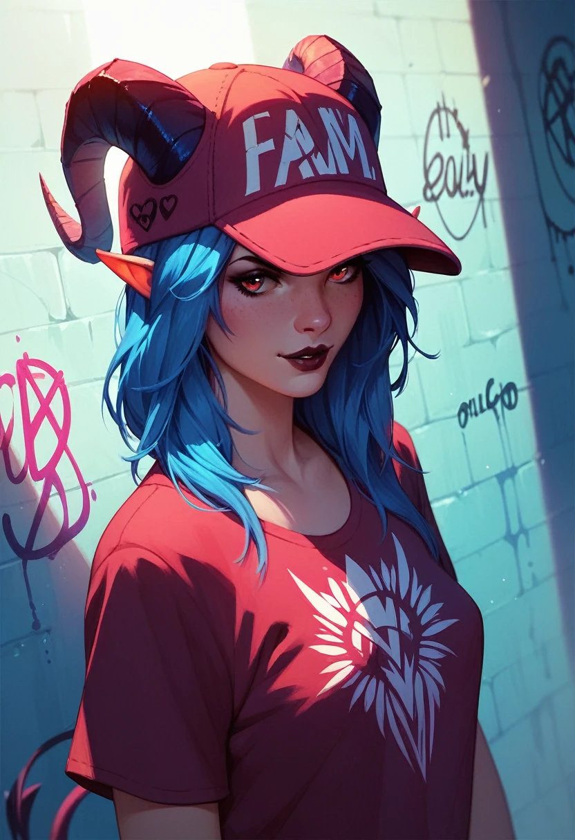 foreground,simple background,Background with neon rays of various colors,hyperdetailed,well defined details,hyper realistic,1 girl,graffiti hood,demon shirt