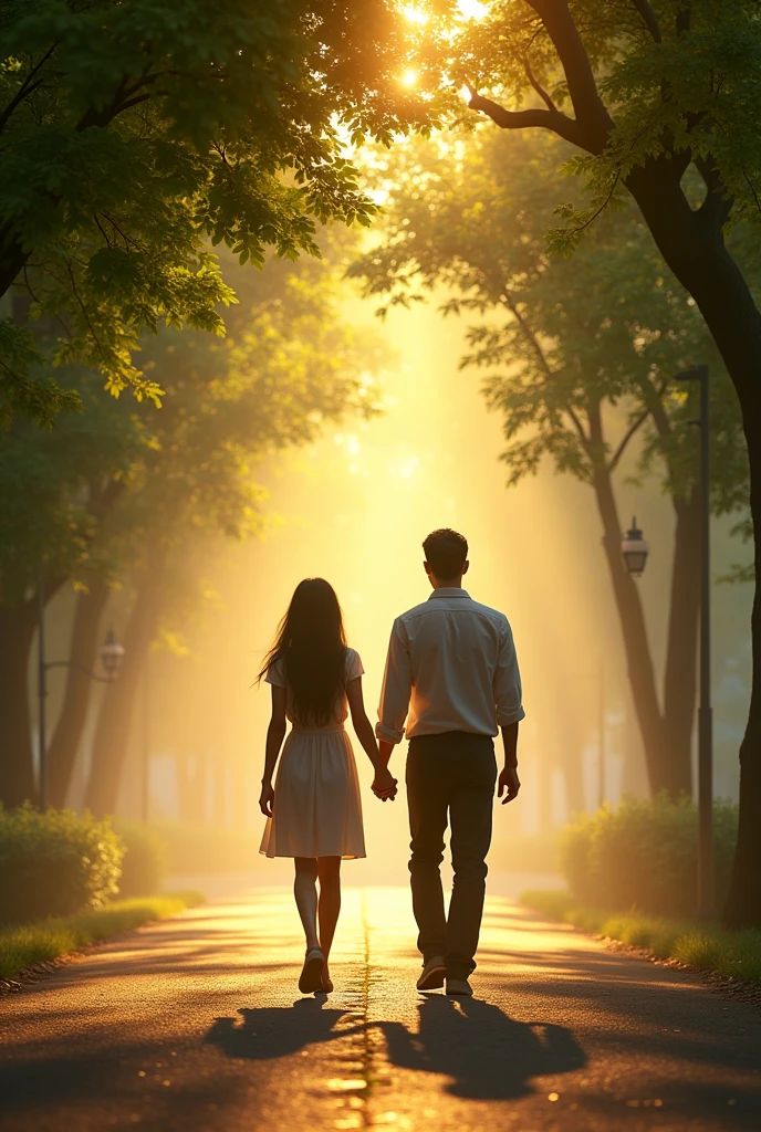 The words "TO HAPPINESS" written in large letters at the bottom of the screen, ((masterpiece, highest quality, Highest image quality, High resolution, photorealistic, Raw photo, 8K)), ((Extremely detailed CG unified 8k wallpaper)), The back view of a man and woman walking hand in hand, on a tree-lined street with sunlight filtering through the trees, the last scene of a romantic movie, green leaves and white light, a walkway in the morning mist,
