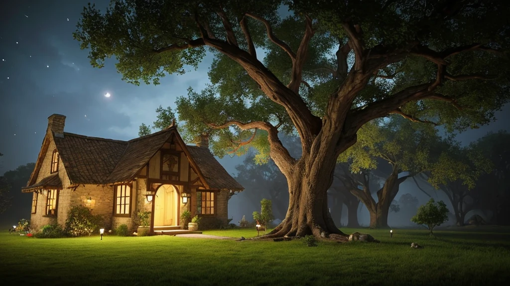 whimsical fantasy scene realistic. old oak tree with branches and leaves. at the bottom of the tree is a door with a round window. the door is half open.there is a stone staircase leading to the front door. scattered around the tree are lighted windows with the interior visible here and there. there is even a turret halfway up the tree. background night colors and fireflies