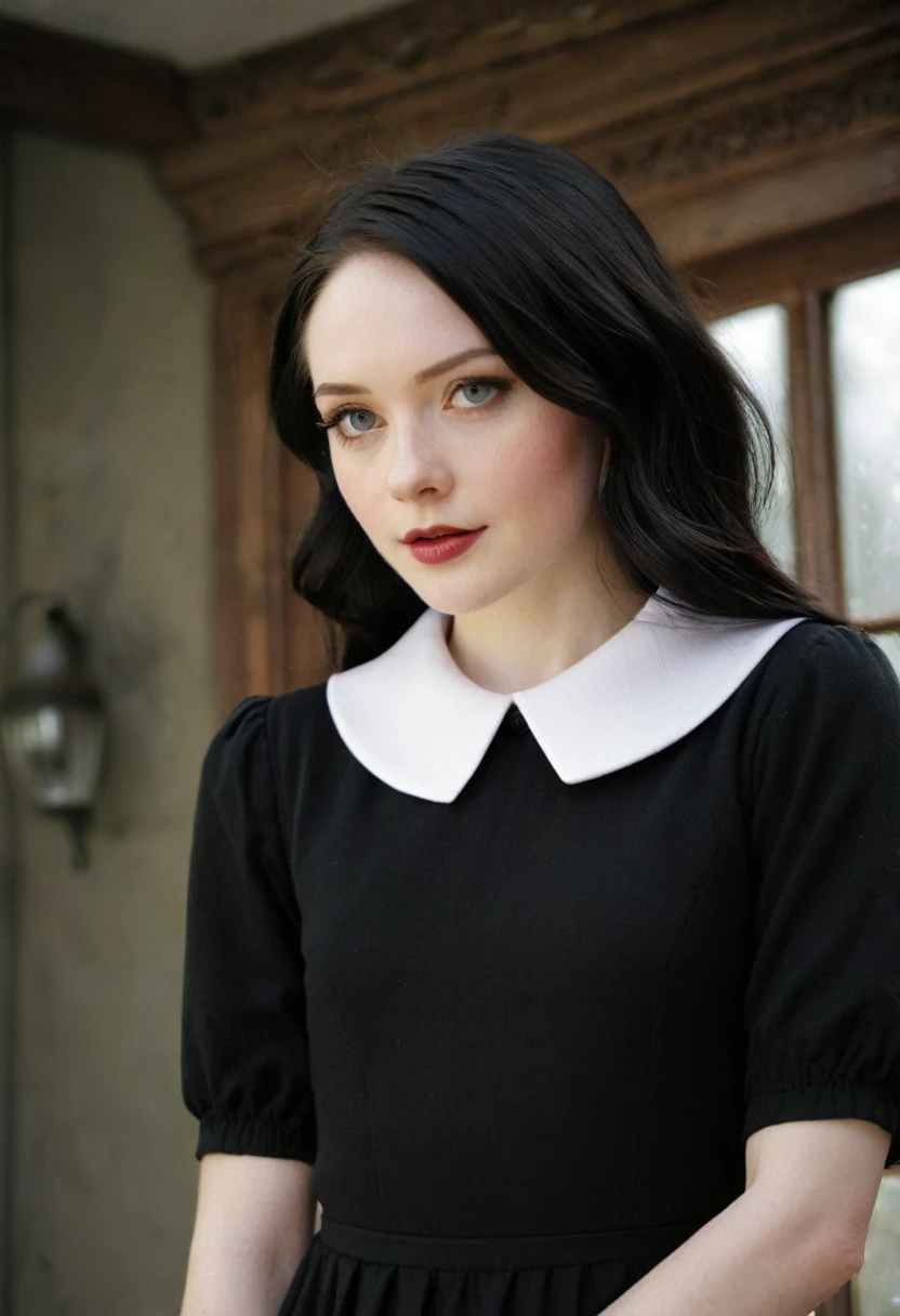 a beautiful young woman with long black hair, pale white skin, a cold and mischievous gaze, wearing a black peter pan collar dress with white collar and sleeves, (Goddess-like), long static symmetrical framing, grainy film filter, low closed angle closeup, indirect diffuse lighting, melancholic and cold atmosphere, detailed, film photography, photo-realistic