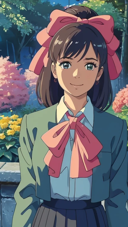 (1girl, solo, highly insanely detailed, masterpiece, top quality, best quality, highres, 4k, 8k, RAW photo),((innocent look)),((Childish)),From the front, symmetrical composition,smile,cute,Innocent,Kind eyes, kotonoha no niwa, park,flowers,lawn,trees, The Garden of Words, (mikomid), upper body, hair bow, school uniform, ascot, jacket, shirt, skirt
