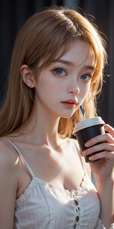 (masterpiece: 1.2, Portraiture, Highest quality), Realistic, (Live Action, Intricate details, Written boundary depth), Highest quality, masterpiece, Attention to detail, semi-Realistic, 朝にDrink coffee , shy, 2, Short blonde, blue eyes, blonde、 Slim figure、Shoulder Bare、night、The light is coming through the curtains, Wearing a nightgown, Drink coffee、Dark Room；1.5