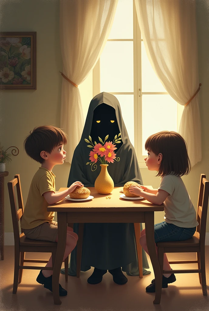 A table with bread and a vase of flowers with two children and Death with a friendly and inviting look sitting in one of the places.