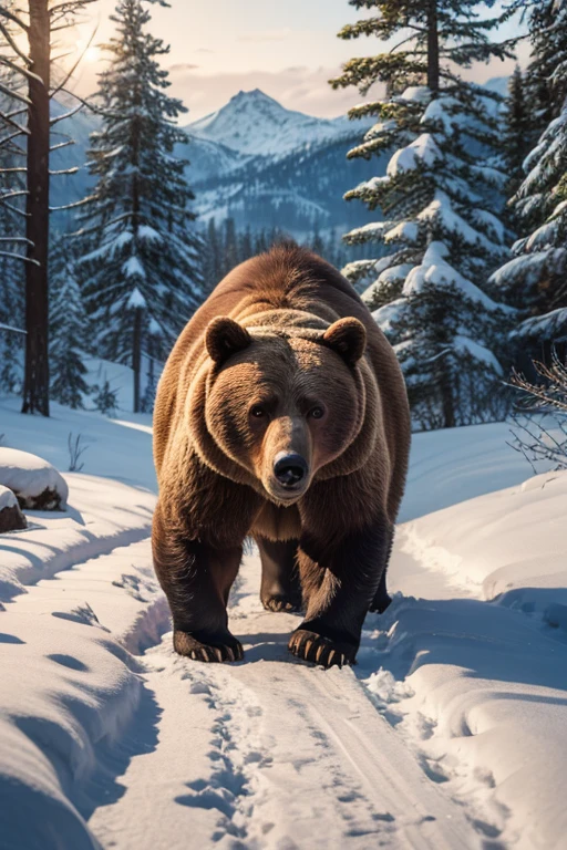 best quality, high quality, ultra quality, 8k, masterpiece, detailed, extremely detailed, insanely detailed, ultra detailed, ultra highres ,exquisite, lifelike Images,cinematic experience,UHD picture,Realistic,photorealistic,hyperrealistic,vivid,RAW photo,shot by DSLR, Snowy land, snow on the ground, Bear prowling, snow day, bear,  