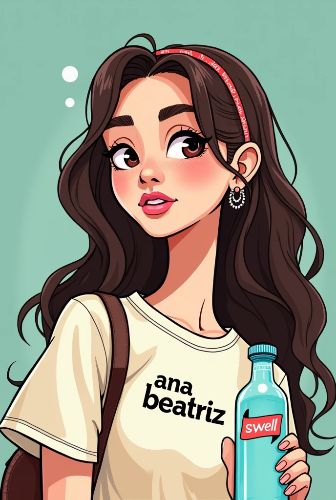 A WHITE, with dark brown eyes and long brown curly hair,with a shirt :“ANA BEATRIZ” next to a bottle of drinking water with a banner saying: “SWELL”, I WANT IT IN CARTOON