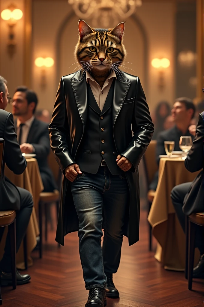 The cat enters a luxurious restaurant. Inside, everyone looks at him, admiring his stylish outfit—a black shiny jacket and jeans. He confidently sits at a table and gives his order to the waiter