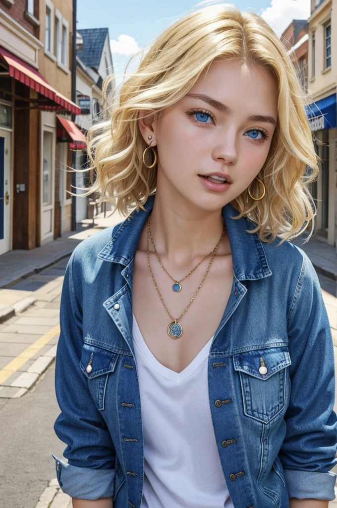 Blonde Caucasian Woman、, Wavy Hair、Short Haircut、, blue eyes,、Open your mouth a little、Denim jacket、shirt、Ear piercing、necklace、、The background is a town street