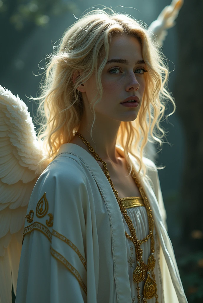Please create an angel with androgynous features bathed in a twilight and gloomy light.. Your eyes should be black and have a melancholic look.. Your hair must be blond, wavy and behave like a flickering flame. The appearance of the angel can manifest itself in the best way to fit the context of the image.. Their clothes must be white and gold with details that refer to the Greek zodiac.. Your artistic skills are crucial to bringing this splendid angelic vision to life.