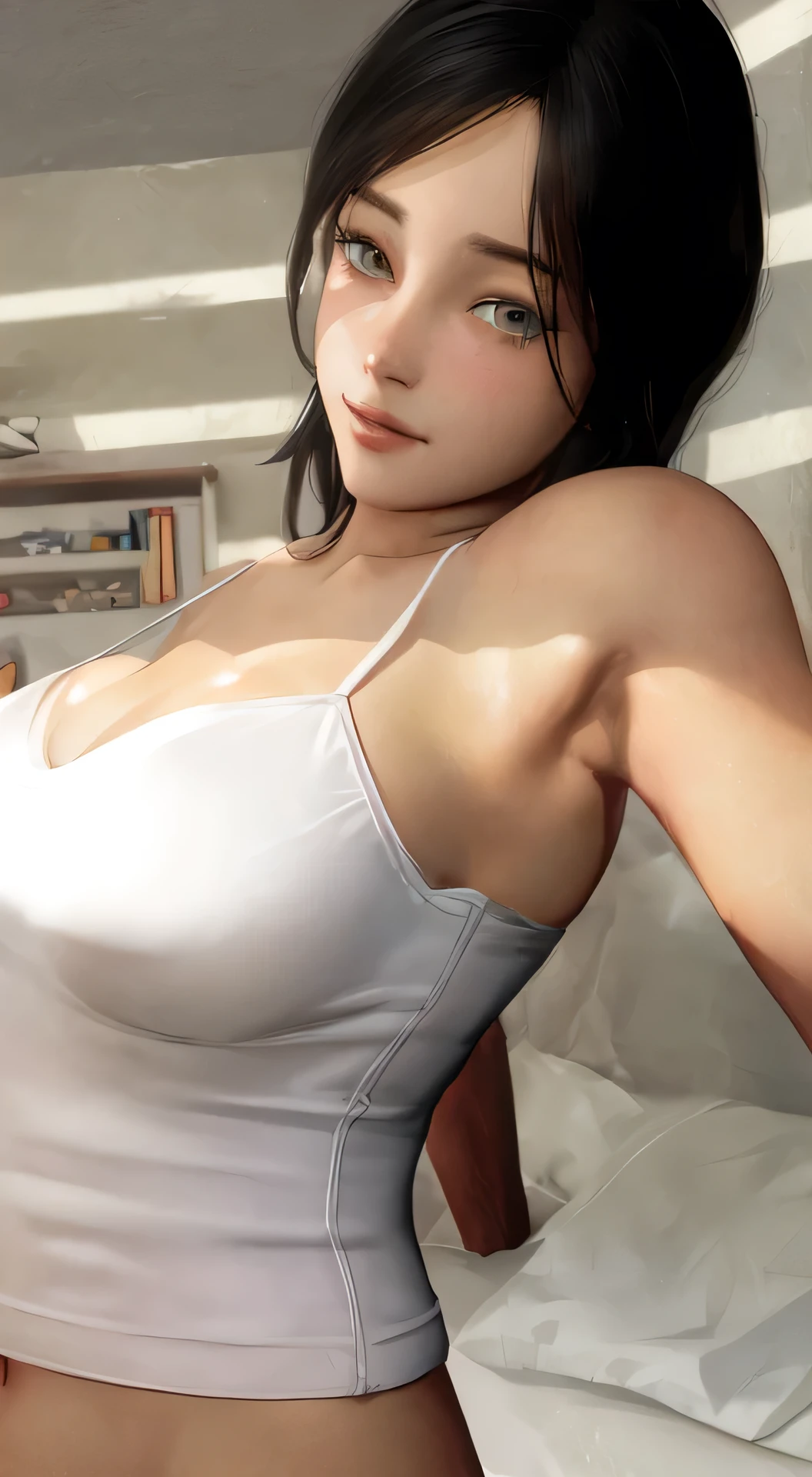 there is a woman in a white top posing for a picture in her bedroom, photorealistic anime girl render, realistic shaded perfect body, rendered in sfm, highly detailed soft lighting, [ 4 k photorealism ]!!, [ 4 k photorealism ]!!!, tifa lockhart, 3 d anime realistic, seductive tifa lockhart portrait, tifa, weavy hair, realistic soft lighting, smooth skin, aroused armpits texture look, good eyes quality, yellow bright eyes color, pervy look, smile at the camera, aroused armpits texture look, high skin texture quality, chubby cheeks, chubby armpit skin, high mouth quality texture, teenaged face.