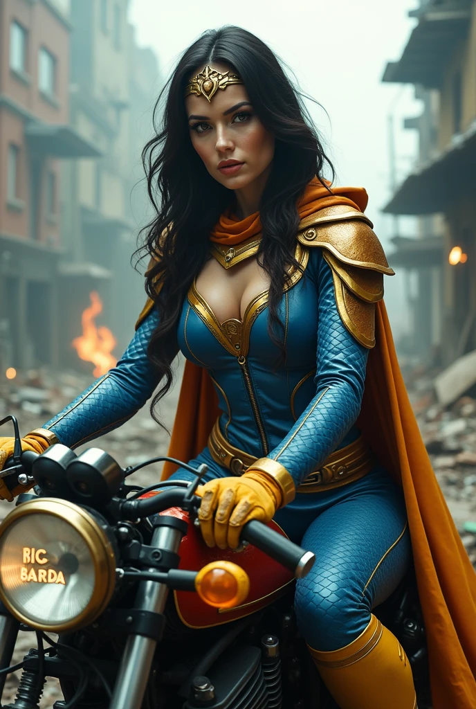(((In extreme close-up a beautiful woman with long black hair (((Diaema in golden circles on her forehead)))Under the cloak of Big Barda light eyes her superheroine costume is samurai themed. Her usual costume is a blue leather jumpsuit with scales all over the suit and a gold armor corset over her jumpsuit, thick red belt, burnt yellow boots and gloves on a high-cylinder futuristic motorcycle in an apocalyptic city with a lot of destruction.))),(((Big Barda logos on the motorcycle))),(((Side images)))