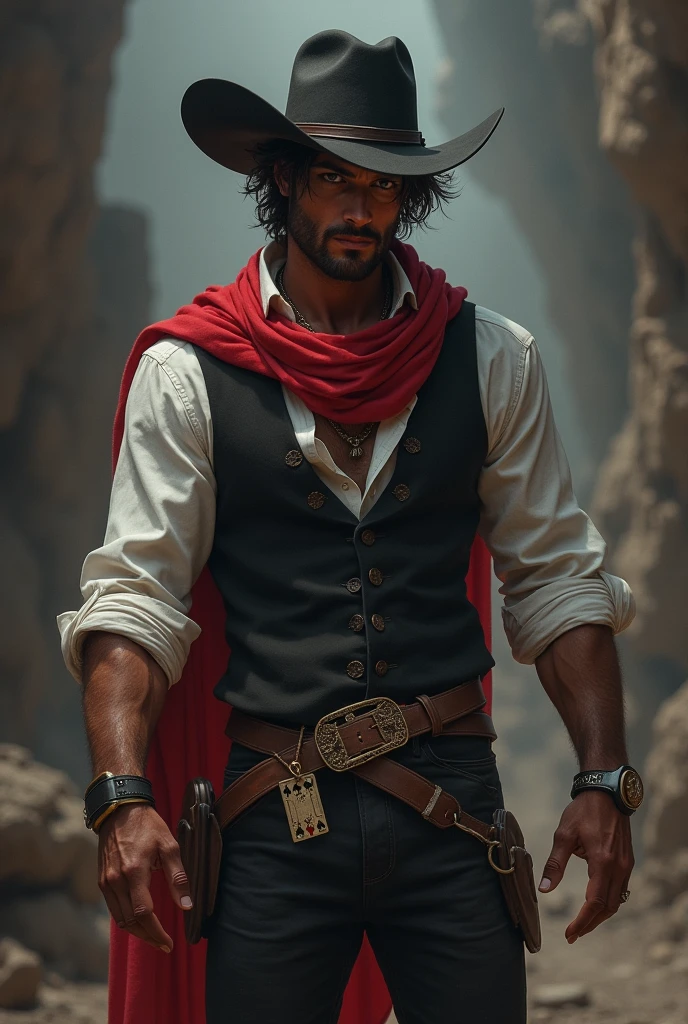 I would like a man with brown skin and brown hair. He has a long, messy hairstyle with a white streak in his hair, brown eyes, and a short, well-groomed beard. He has a normal physique and wears a black cowboy hat with a yellow band on it. He wears a black vest over a rolled-up white dress shirt, a red scarf around his neck, pants with a buckle, and boots with spurs. He is cheerful and well-liked, and he carries two decks of cards with him. i would like in a DARKFANTASY  style