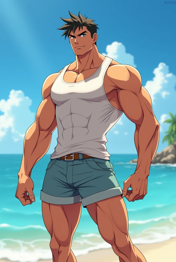 Anime guy in undershirt and beach shorts with muscles spread legs