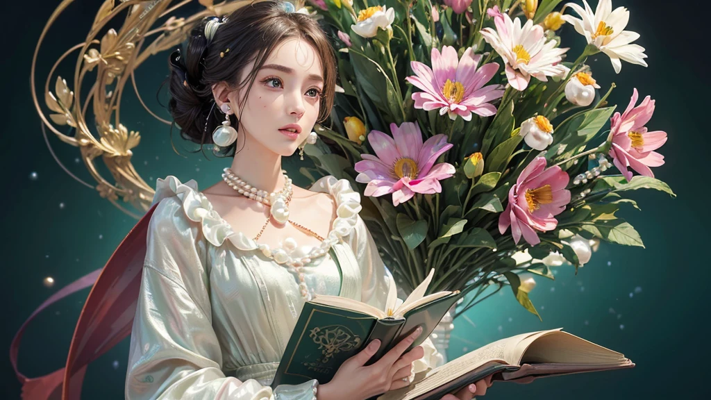 32K, 最高quality, 最高masterpiece, (ultra-Detailed Background, Detailed Background), High resolution, Super detailed, Very detailedな, 1 personの, (bouquet:1.3), (Tangled:1.2), (Geometric:1.2),(colorful),(masterpiece, quality, best quality, Official Art, Beautiful and beautiful:1.2), (1 person:1.3), Very detailed,(colorful:1.1)(Flowers:1.3),Most detailed,(Tangled:1.2), whole body, (Abstract background:1.3), (Skin glows), (Many colors:1.4), ,(Earrings Pearl:1.5), Light green background, It's imaginative., Brunette Hair, Updo, Holding a book, Holding a pen, Satin shirt
