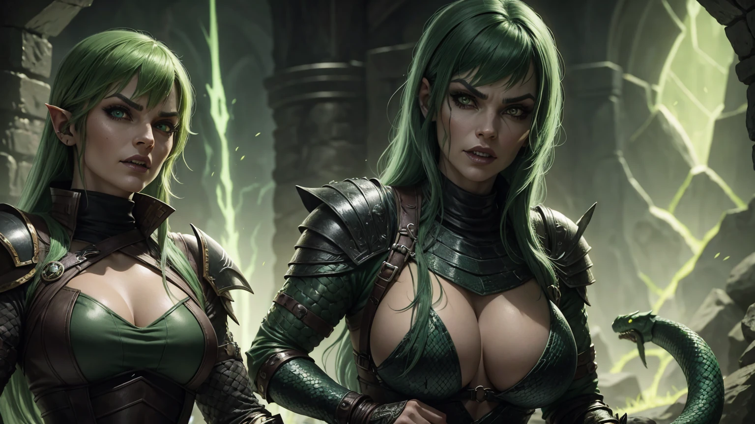 dungeons and dragons, snake scaled face, rpg, green hair, woman warrior, full armor, snake like eyes and snake like teeth, full doby image