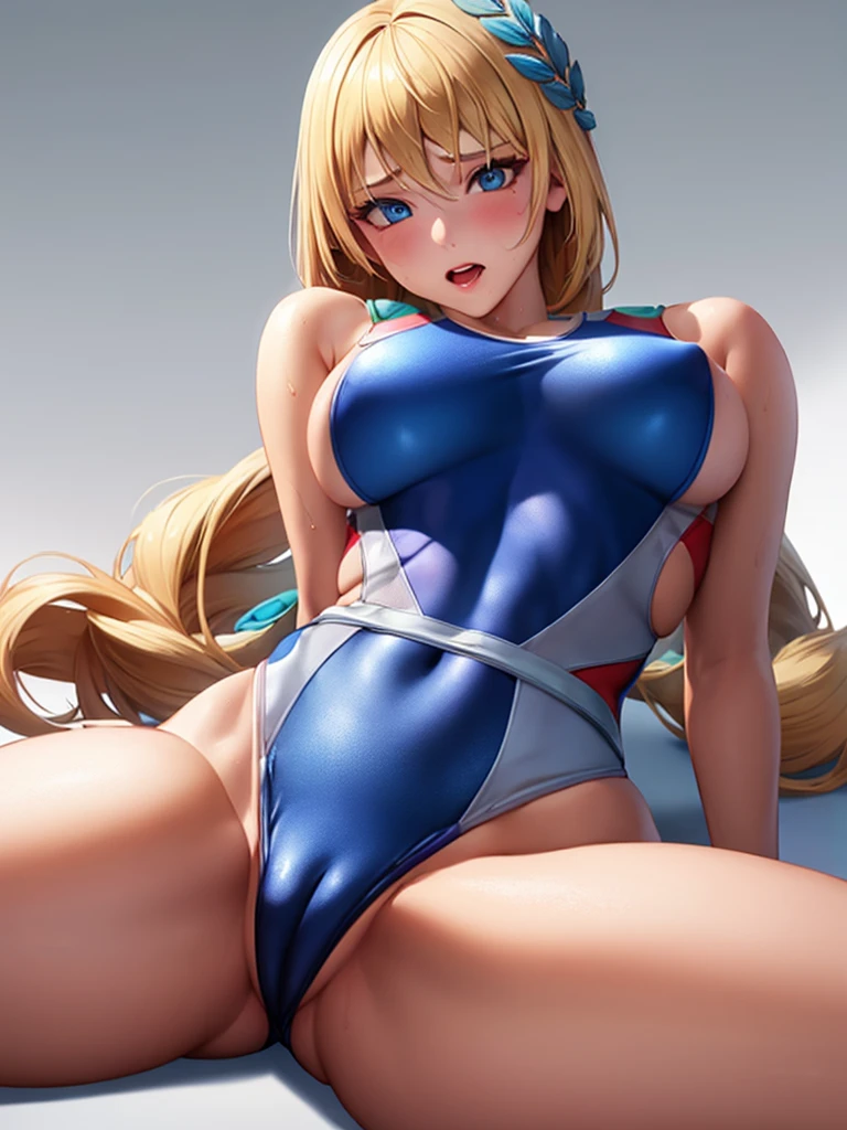 (White background, 1girl:1.4), BREAK,Long blonde hair, blue eyes,Narrow waist,voluptuous Breasts,(one-piece competitive swimwear,one-piece competition swimsuit:1.6), blush,Open your mouth,(covered nipples:1.2)