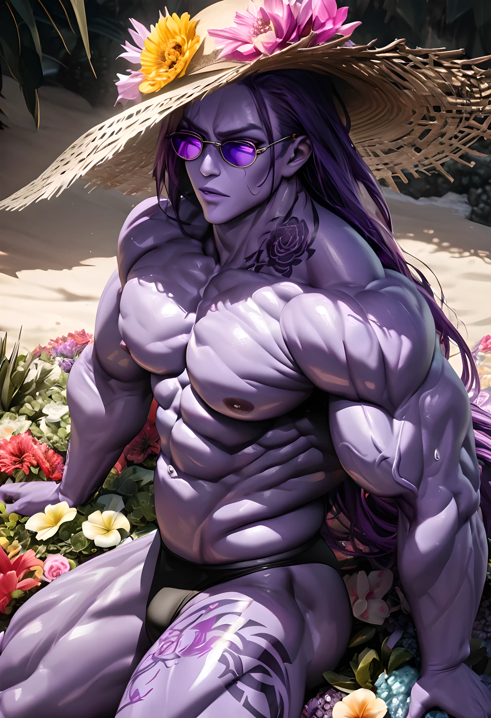 (((intricate design))) (((professional))) (((clear focus))) (((32k UHD Resolution))) (((photorealistic))) (((hyper-detail))) (((masterpiece))), ultra-realistic, a digital render, expressive eyes, perfect face, mesmerising eyes, perfectly detailed anatomy, low contrast, (((Volumetric lighting))) (((cinematic lighting))) (((sunny)) (((1Male))) (((bodybuilder))), (((hyper muscular))) (((hyper pecs))) (((purple male humanoid))), (((he has purple skin))) humanoid flower, flower bed, flower garden, (((at the beach))) thighs (((Purple Skin!))), (((purple long hair!))) (((purple skin tone!))) (((purple skin complexion))) (((colourful tattoos))) fruity personality, pink glowing eyes, bloom, handsome humanoid male, spreading his pheromones, flower clothing, plants, pot plants, succulents, deity, god of flowers, blooming, oily skin, shiny skin, veins, veil, sheer, water, swim suit, sunglasses, sun hat