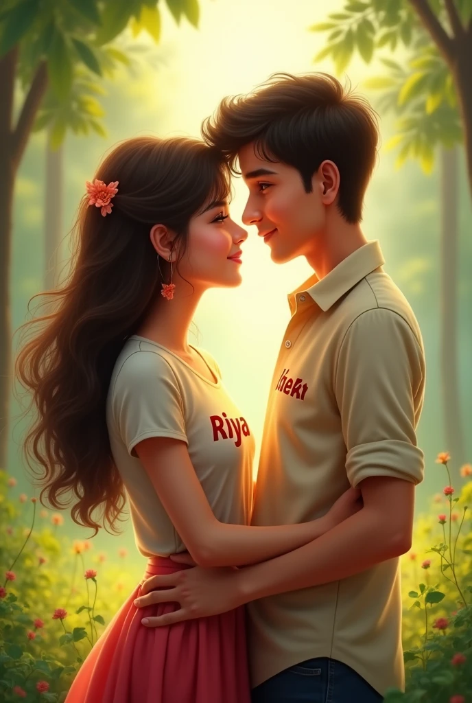 A couple , the girl wearing a shirt of name riya and boy wearing a shirt of name abhishek