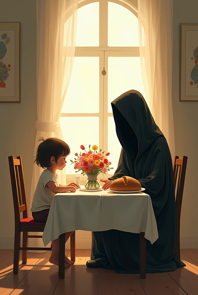 A table with bread and a vase of flowers with two and Death with a friendly and inviting look sitting in one of the places.