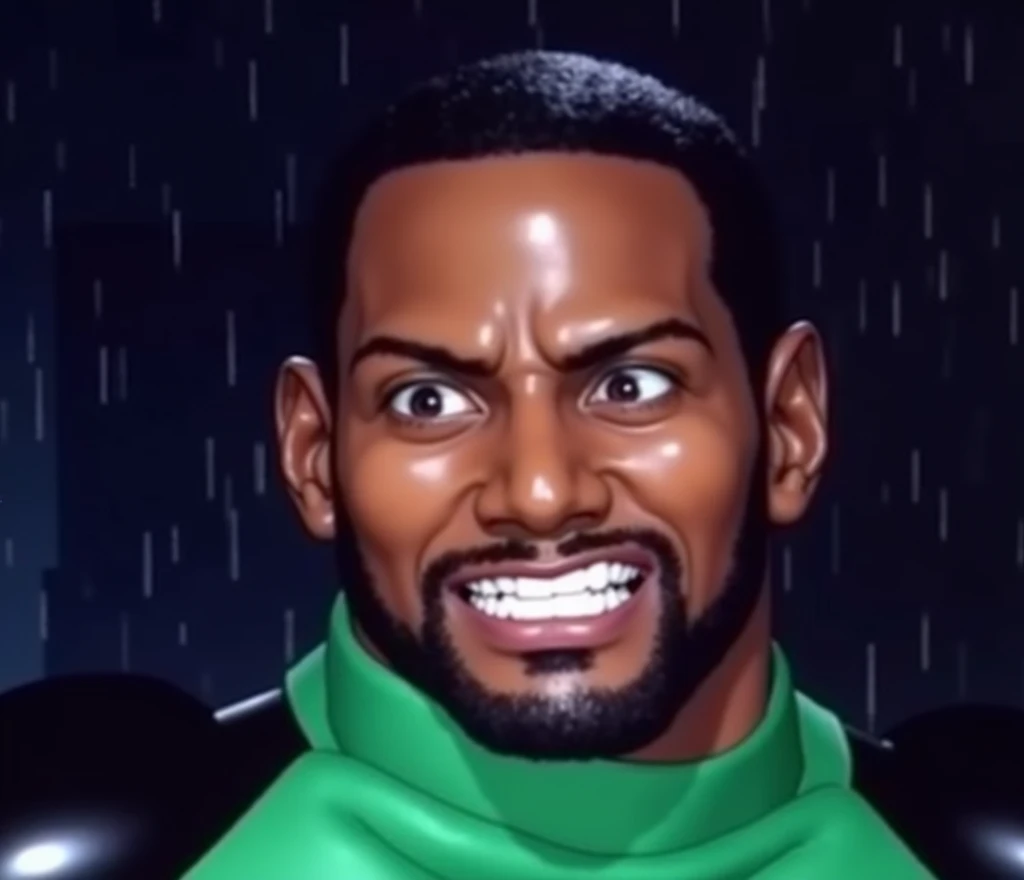 a short-haired black man under the cloak of green lanterns flying over a rainy apocalyptic city screaming exhausted after a battle Green suit combined with black in shiny leather boots and white leather gloves emblem of the green lanterns on his chest (((without cover)))