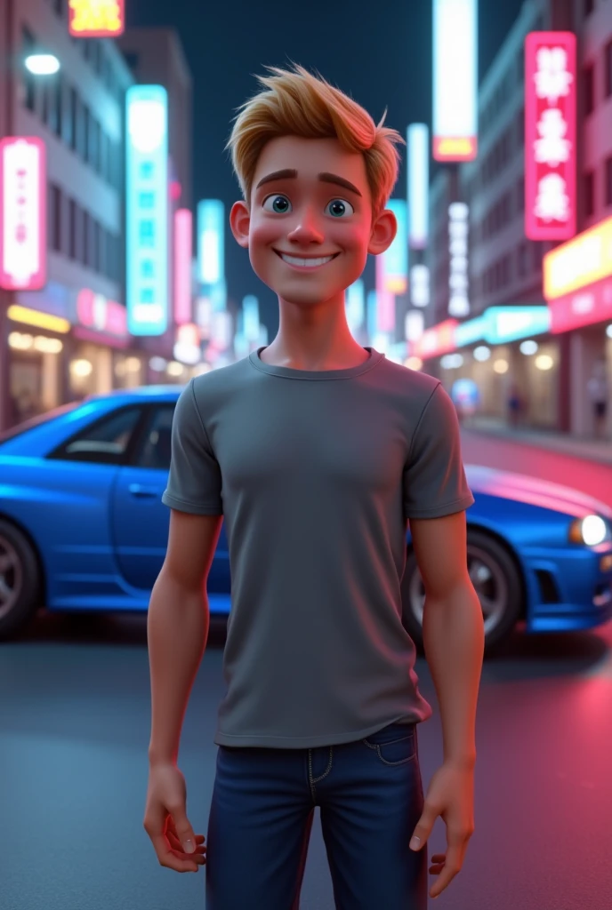 *Paul Walker*  (the fast and the furious)
  "A young 3D character in the Disney-Pixar style, blond and with a friendly expression, wearing a gray t-shirt and jeans. Ao fundo, um carro Nissan Skyline GT-R azul, speeding down a neon-lit street."
   - Prompt 2: "A 3D style character inspired by Disney-Pixar, a blond, athletic man with a friendly smile, dressed in a white t-shirt and jeans. Behind him, a blue Nissan Skyline GT-R on a night city run."