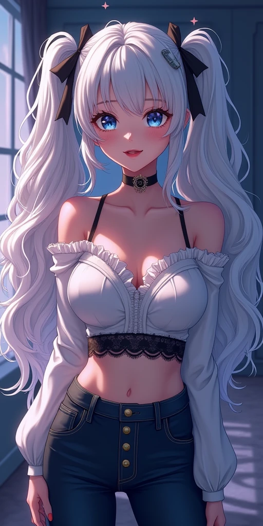 beautiful girl, Gray Hair, blue eyes,blue eyes,Black underwear with white lace, Big Breasts、to close range