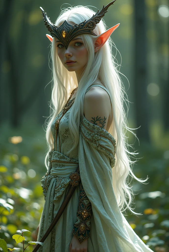 A slender, androgynous figure with an ethereal, pale silver complexion that shimmers subtly in the light. Their long, silvery hair cascades in soft, wavy layers down to their waist, interwoven with delicate green leaves, small twigs, and tiny blossoms that change color with the light. Their large, almond-shaped eyes are iridescent, shifting from deep forest green to twilight purple, with a slight sparkle that hints at their magical nature. A smooth, dark wooden mask, intricately carved with delicate patterns of vines and arcane symbols, covers the upper half of their face, blending seamlessly with their skin.

Their ears are slightly pointed and emerge from their flowing hair, adding to their otherworldly appearance. They wear a fitted tunic crafted from overlapping layers of green and brown leaves, creating a textured, scale-like pattern that appears both natural and enchanted. The leaves have a subtle sheen, as if coated with dew, and the tunic's high collar is adorned with small, shimmering crystal beads.

Over the tunic, they drape an iridescent cloak that shifts in color from deep blue to violet and silver, giving the impression of liquid moonlight. The cloak has a high, ornate collar and flows gracefully to the ground, its edges delicately embroidered with silver threads that catch and reflect light. The cloak's fabric moves with a fluid, almost weightless quality, enhancing their ability to blend into their surroundings.

Their knee-high boots are crafted from supple, dark brown leather, with intricate, barely visible silver embroidery that matches the cloak's design. The boots have a slight, silent tread, perfect for stealthy movement. 

On their back is a longbow made from ancient, dark yew wood, polished to a deep, rich hue. The bow is adorned with elegant, glowing fey symbols that pulse faintly with magical energy. The bowstring is made of a shimmering silver thread that seems to emit a soft glow. A quiver, decorated with intricate designs and made from t