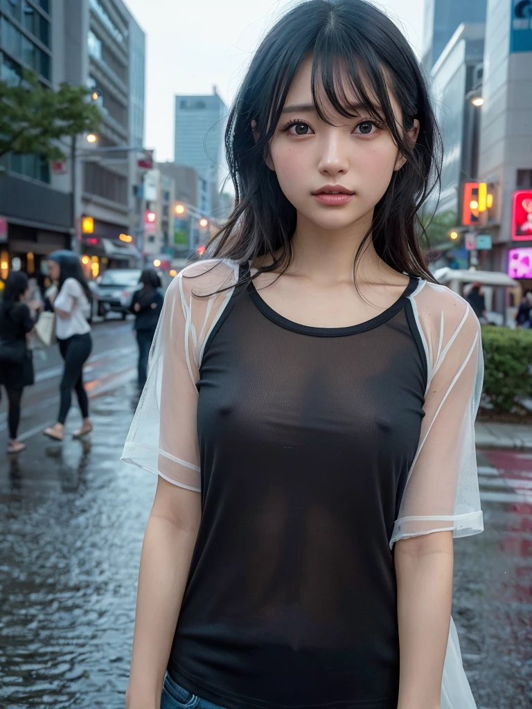 Random Pause, Mix 4, (8k, Original photo, Highest quality, masterpiece: 1.45), (Actual, Vibrant: 1.37), Skinny Japanese woman, one , charm, City view, night, rain, Wet, Professional Lighting, Photon Mapping, Radio City, Physically Based Rendering, Gradient black hair, Short Curly Hair, good looking, , (((The T-shirt is see-through))),Torn clothes、 High resolution, 1080P, (Beautiful Face), (Detailed facial depiction), (Detailed description of the hand), (Detailed CG), Extreme light and shadow, Messy Hair, Lots of details, (exquisite features), (Highest quality photos), (Beautiful Eyes), Look in front of you, Thin clavicle,