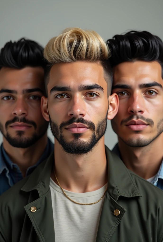 3 latino man with beard, slightly square face, medium ears, not so long straight hair combed to the right with dry texture, with all the hair in the front dyed blonde and the rest of the hair in black