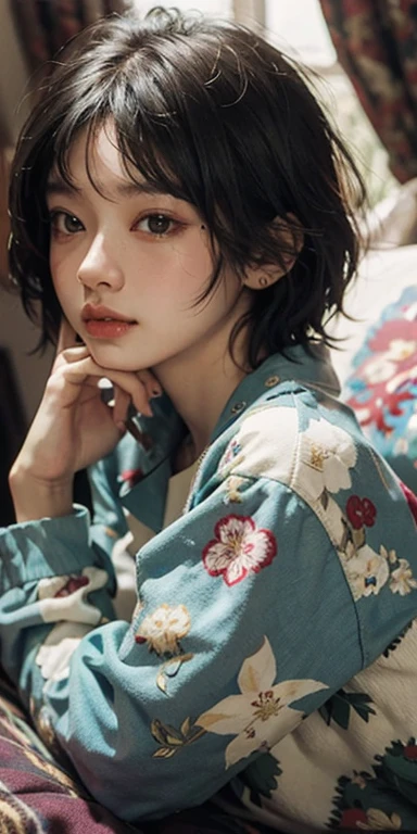 Lying on the bed face down、Cute looking at you, 2, Realistic, she is wearing shorts, She is wearing floral pajamas, short hair.Shoulder Bare