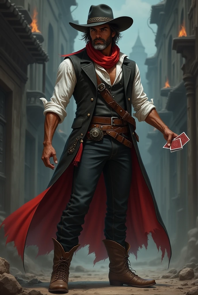 I would like a man with brown skin and brown hair. He has a long, messy hairstyle with a white streak in his hair, brown eyes, and a short, well-groomed beard. He has a normal physique and wears a black cowboy hat with a yellow band on it. He wears a black vest over a rolled-up white dress shirt, a red scarf around his neck, pants with a buckle, and boots with spurs. He is cheerful and well-liked, and he carries two decks of cards with him. i would like in a DARKFANTASY  style