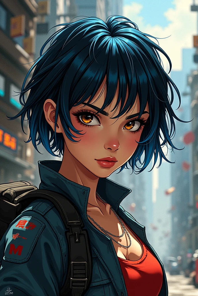 Girl with short black hair with blue highlights, hugging daredevil comic style full body 