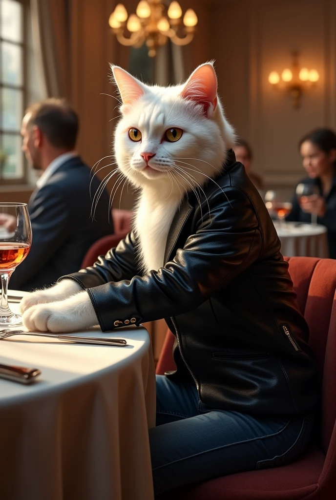 The white cat enters a luxurious restaurant. Inside, everyone looks at him, admiring his stylish outfit—a black shiny jacket and jeans. He confidently sits at a table and gives his order to the waiter
