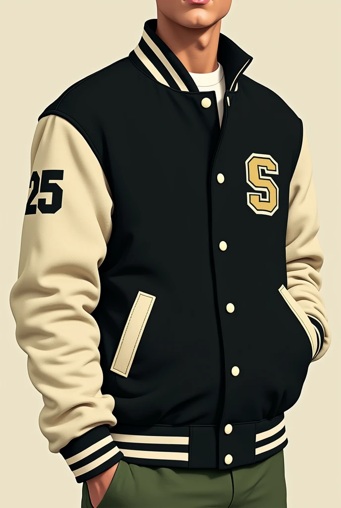 Varsity jacket with black colors and very small touches in olive green for a school with the number 25 on the left arm and cream-colored sleeves 
