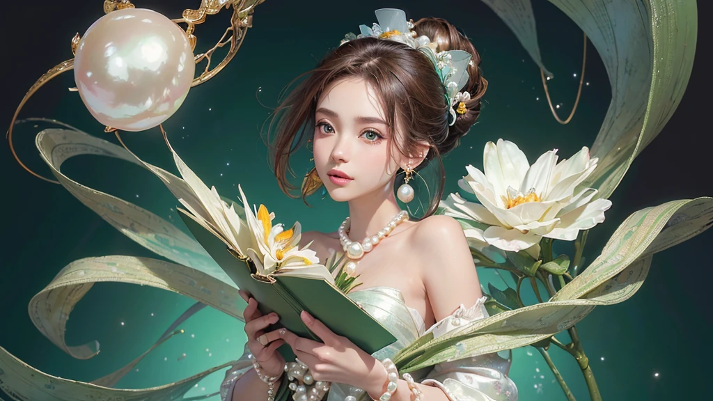 32K, 最高quality, 最高masterpiece, (ultra-Detailed Background, Detailed Background), High resolution, Super detailed, Very detailedな, 1 personの, (bouquet:1.3), (Tangled:1.2), (Geometric:1.2),(colorful),(masterpiece, quality, best quality, Official Art, Beautiful and beautiful:1.2), (1 person:1.3), Very detailed,(colorful:1.1)(Flowers:1.3),Most detailed,(Tangled:1.2), whole body, (Abstract background:1.3), (Skin glows), (Many colors:1.4), ,(Earrings Pearl:1.5), Light green background, It's imaginative., Brunette Hair, Updo, Holding a book, Holding a pen, Satin shirt