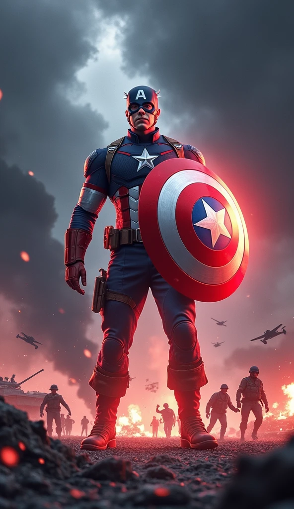 Depict Captain America walking through a battlefield frozen in time, with a striking contrast between his vibrant presence and the static, monochromatic world around him. Captain America is at the center of the image, moving forward with purpose, his shield at the ready, and his face set in a serious, contemplative expression as he surveys the scene.
The battlefield around him is filled with soldiers in mid-action—some caught in the act of charging, others frozen as they fall, and a few locked in intense combat. Explosions are suspended in mid-air, with debris and shrapnel hanging motionless, capturing the violence of the moment in perfect stillness. The scene should convey a sense of chaos halted in its tracks, with everything except Captain America frozen as if time itself has been paused.
The colors of the battlefield are muted, almost black and white, emphasizing the eerie stillness. In contrast, Captain America remains in full, vibrant color, his red, white, and blue uniform standing out against the desaturated background. The ground beneath him shows the scars of battle—craters, torn earth, and scattered weapons—highlighting the devastation around him.
A faint, distorted ripple effect should emanate from Captain America as he moves, subtly indicating his control over time. In the distance, the outlines of tanks and warplanes can be seen, also frozen in time, with trails of smoke hanging motionless in the air. The sky above is dark and foreboding, with thick clouds that seem to press down on the scene, adding to the oppressive atmosphere.
The overall composition should evoke a sense of both power and isolation, as Captain America navigates through a moment torn from the flow of time, reflecting on the consequences of his newfound ability.