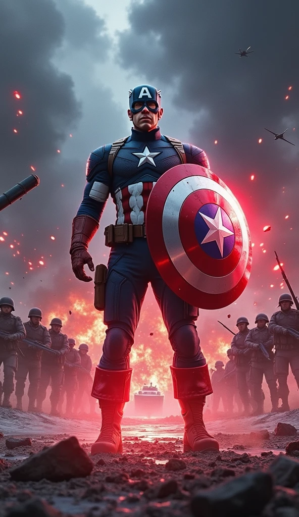 Depict Captain America walking through a battlefield frozen in time, with a striking contrast between his vibrant presence and the static, monochromatic world around him. Captain America is at the center of the image, moving forward with purpose, his shield at the ready, and his face set in a serious, contemplative expression as he surveys the scene.

The battlefield around him is filled with soldiers in mid-action—some caught in the act of charging, others frozen as they fall, and a few locked in intense combat. Explosions are suspended in mid-air, with debris and shrapnel hanging motionless, capturing the violence of the moment in perfect stillness. The scene should convey a sense of chaos halted in its tracks, with everything except Captain America frozen as if time itself has been paused.

The colors of the battlefield are muted, almost black and white, emphasizing the eerie stillness. In contrast, Captain America remains in full, vibrant color, his red, white, and blue uniform standing out against the desaturated background. The ground beneath him shows the scars of battle—craters, torn earth, and scattered weapons—highlighting the devastation around him.

A faint, distorted ripple effect should emanate from Captain America as he moves, subtly indicating his control over time. In the distance, the outlines of tanks and warplanes can be seen, also frozen in time, with trails of smoke hanging motionless in the air. The sky above is dark and foreboding, with thick clouds that seem to press down on the scene, adding to the oppressive atmosphere.

The overall composition should evoke a sense of both power and isolation, as Captain America navigates through a moment torn from the flow of time, reflecting on the consequences of his newfound ability.